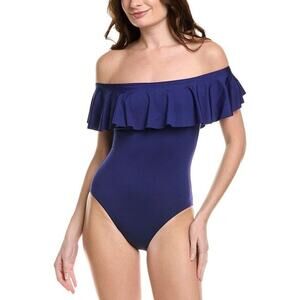 Trina Turk Monaco Ruffle One-Piece Bathing Suit Sz 10 Navy Beach Resort Swimwear